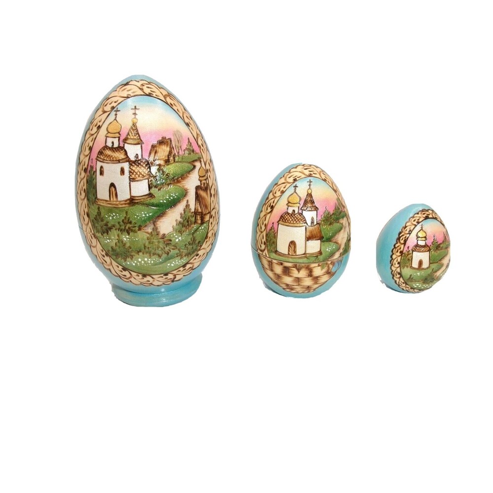 Russian Nesting Egg Matryoshka Building Landscape & Flower Basket Blue Signed 4"